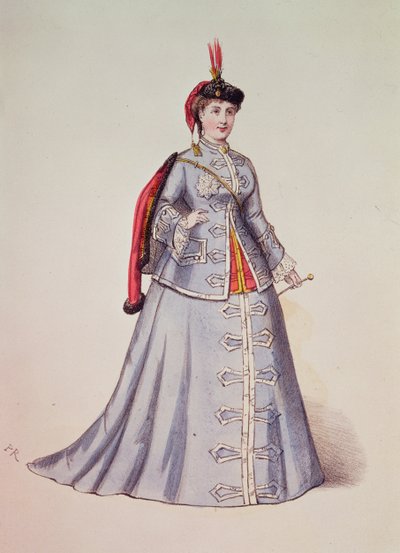هورتنس شنايدر في دور العنوان لأوبرا أوفنباخ "La Grand Duchesse de Gerolstein" ، التوضيح من "أزياء المسرح في باريس" ، 1867 بواسطة المدرسة الفرنسية