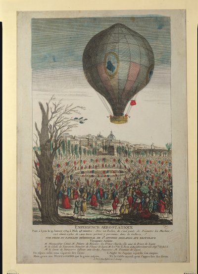 تجربة منطاد الهواء الساخن من قبل Montgolfier Brothers و Francois Pilatre de Rozier (1754-85) في ليون ، 19 يناير 1784 بواسطة المدرسة الفرنسية