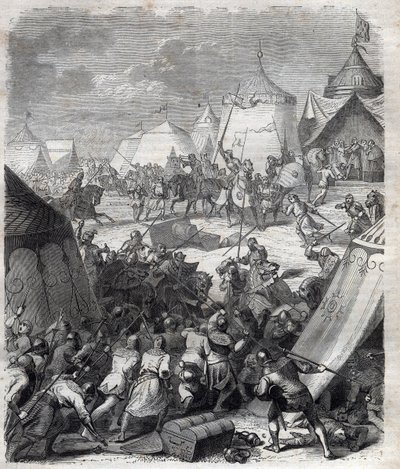 حرب المائة عام: معركة بواتييه (1356). نقش في "" تاريخ الباباوات (...) جرائم الملكة الملك والأباطرة عبر القرون "بقلم موريس لاشاتر بواسطة المدرسة الفرنسية