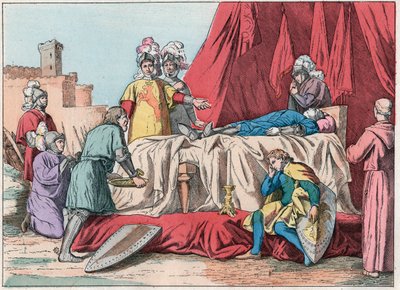 حرب المائة عام: "" La mort de Bernard du Guesclin (1320-1380) devant Chateauneuf de Randon le 13/07/1380 "- وفاة Duguesclin (أثناء حصار Chateauneuf-de-Randon في 13 يوليو 1380) - نقش نهاية القرن التاسع عشر في "" Nos Gires بواسطة المدرسة الفرنسية