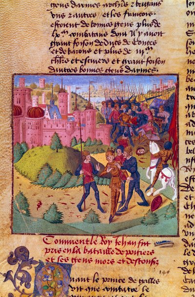 حرب المائة عام: "ملك فرنسا جون الثاني الطيب (1319-1364) أسير لدى الإنجليز في معركة بواتييه في 19/09/1356" منمنمة من سجلات جان فرويسارت (1337-1400) شانتيي، متحف كوندي في القرن الخامس عشر بواسطة المدرسة الفرنسية