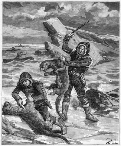صيادون ثعالب الماء في ألاسكا - صياد ثعالب الماء في ألاسكا في عام 1888 - نقش في "" Journal des Voyages "" "1888 بواسطة المدرسة الفرنسية