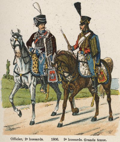بائع الفرسان الأول An XII (24 سبتمبر 1803): ضابط ، فرسان 2 و 9 فرسان يرتدون ملابس رائعة في عام 1806. لوحة من كتاب Les Uniforms de l'Armee francaise بواسطة Lienhart و Humbert بواسطة المدرسة الفرنسية