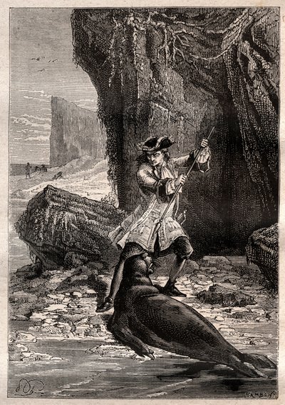 دفعت الأشياء بأسمائها الحقيقية في صدره: هاجم وودز روجرز (1679-1732) كلب بحري (فقمة) في إحدى جزر غالاباغوس في المحيط الهادئ في عام 1709 - رسم توضيحي مأخوذ من "البحارة العظماء في القرن الثامن عشر" بواسطة المدرسة الفرنسية