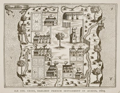 Ile Ste. كروا ، أول مستوطنة فرنسية في أكاديا ، 1604 ، من رحلات صموئيل دي شامبلين (c.1580-1635) ، 1613 بواسطة المدرسة الفرنسية