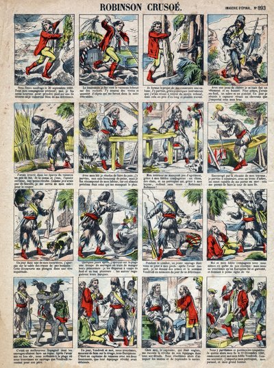 رسم توضيحي لكتاب دانيال ديفو "" روبنسون كروزو ". تصوير إبينال من نهاية القرن التاسع عشر. بواسطة المدرسة الفرنسية