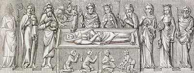 رسم توضيحي بعد النقش البارز على مقبرة إليزابيث في المجر ، من "الحياة العسكرية والدينية في العصور الوسطى" بقلم بول لاكروا ، لندن المنشورة 1880 بواسطة المدرسة الفرنسية