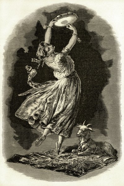 رسم توضيحي لـ "نوتردام دي باريس" بقلم فيكتور هوغو: إزميرالدا ترقص وهي تعزف على الدف بجانب ماعزها ، بداية القرن العشرين (ليتو) بواسطة المدرسة الفرنسية
