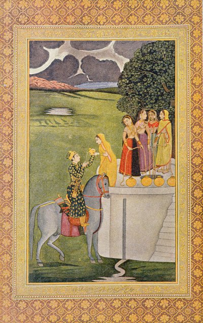 رسم توضيحي للأمير نورجيلان ووجه مراهق ليلي ، من The Arabian Nights ، 1895 (نقش ملون) بواسطة المدرسة الفرنسية
