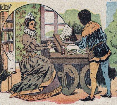 رسم توضيحي للحكاية "الجميلة والبيت": كانت محاطة بالاهتمام. نقش على صور كوين ، حوالي عام 1890. بواسطة المدرسة الفرنسية