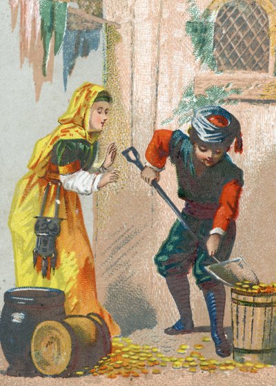رسم توضيحي لحكايات الألف ليلة وليلة. علي بابا (علي بابا) يحمل حميره الذهبية ويعود إلى المنزل ، الطباعة الحجرية الملونة حوالي عام 1890. بواسطة المدرسة الفرنسية
