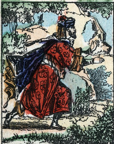 رسم توضيحي لحكايات الألف ليلة وليلة. علي بابا (علي بابا). نقش الخشب للتصوير Pellerin - إبينال ، sd. أواخر القرن التاسع عشر. بواسطة المدرسة الفرنسية