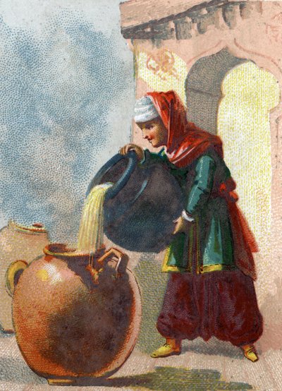 رسم توضيحي لحكايات الألف ليلة وليلة. أدرك مورجيان ، عبد علي بابا (علي بابا) ، أن المزهريات تحتوي على لصوص ، فقتلهم بصب الزيت المغلي في كل إناء. الطباعة الحجرية الملونة حوالي عام 1890. بواسطة المدرسة الفرنسية