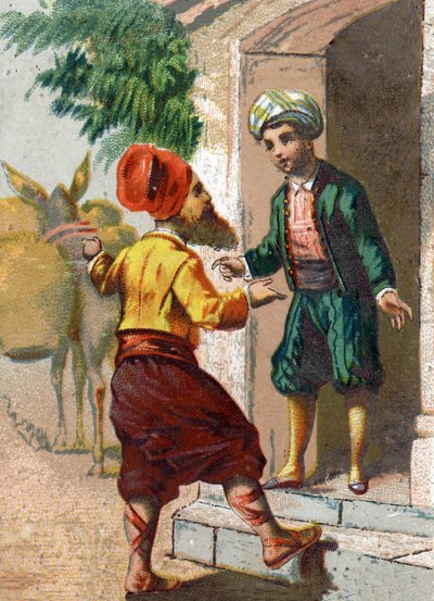 رسم توضيحي لحكايات الألف ليلة وليلة. طلب القبطان ، الذي أصيب بخيبة أمل باعتباره تاجرًا للنفط ، وتبعه 19 بغالًا حمولة كل من مزهرين كبيرين ، ضيافة علي بابا (علي بابا). الطباعة الحجرية الملونة حوالي عام 1890. بواسطة المدرسة الفرنسية