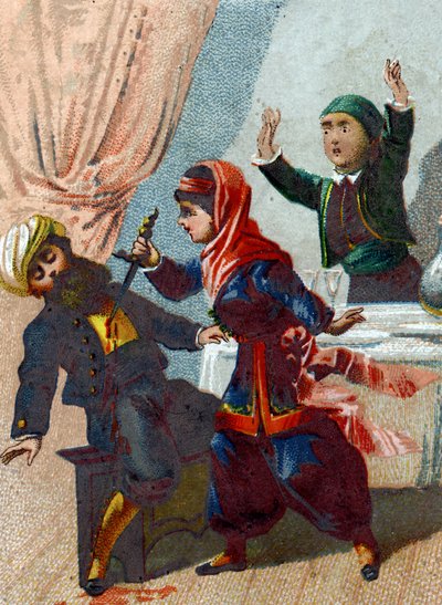 رسم توضيحي لحكايات الألف ليلة وليلة. يتنكر القبطان مرة أخرى ويعود إلى علي بابا (علي بابا) ، لكن مورجيان تعرف عليه وطعنه أثناء الرقص. الطباعة الحجرية الملونة حوالي عام 1890. بواسطة المدرسة الفرنسية