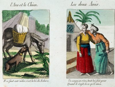 رسم توضيحي لخرافات جان دو لا فونتين (1621-1695): يسار "" الحمار والكلب "" "على اليمين" "Les deux amis" "نقش من القرن التاسع عشر. متحف لافونتين ، شاتو تييري بواسطة المدرسة الفرنسية