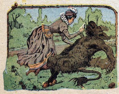 رسم توضيحي لحكاية "Beauty and the Bete": أحيت الجميلة الفتاة التي أغمي عليها من الألم عندما رفضت اقتراح الزواج. نقش على صور كوين ، حوالي عام 1890. بواسطة المدرسة الفرنسية