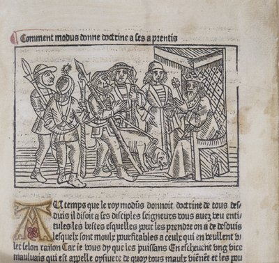 رسم توضيحي من Le Livre du Roy Modus et de la Reine Racio بواسطة Henri Ferrieres ، 1486 (قطع خشبية ونصوص) بواسطة المدرسة الفرنسية