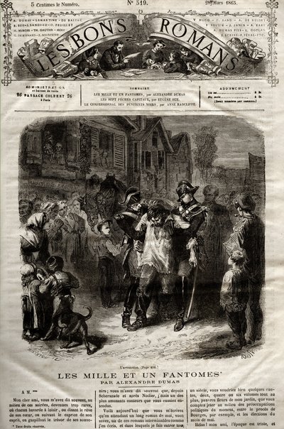 ظهر رسم توضيحي من رواية "The Thousand Un Fantomes" للكاتب ألكسندر دوما في "" The Bons Romans "بتاريخ 28/03/1865 بواسطة المدرسة الفرنسية