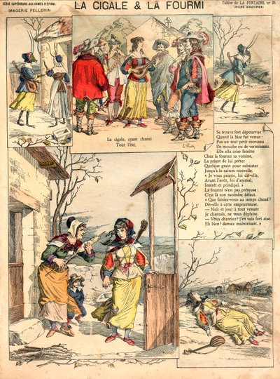 رسم توضيحي لخرافات لافونتين "السيكادا والنملة"، نقش، حوالي عام 1890 بواسطة المدرسة الفرنسية