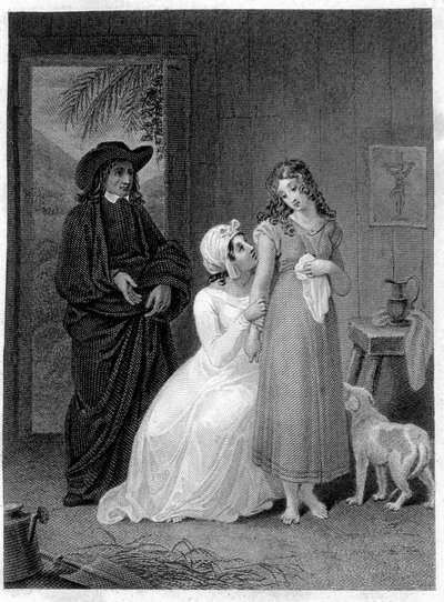 رسم توضيحي لـ "" Paul and Virginia ": فرجينيا. رومان بقلم هنري برناردين دي سان بيير (سان بيير أو سان بيير) ، كاتب فرنسي (1737-1814). بواسطة المدرسة الفرنسية