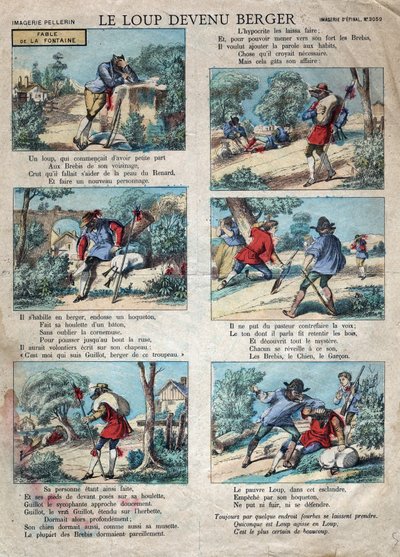 رسم توضيحي لخرافة جان دي لافونتين (1621-1695): أصبح الذئب راعياً. تصوير إبينال في أواخر القرن التاسع عشر. بواسطة المدرسة الفرنسية