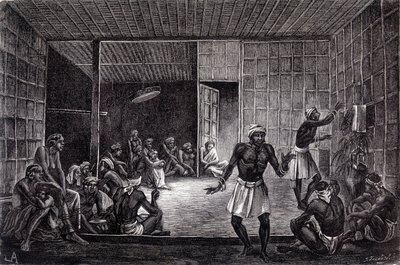 نُشر رسم توضيحي في طبعة 1862 من "Le Tour du monde" يصور جلسة طرد الأرواح الشريرة التي مارسها الداياك في جزيرة بورنيو. نقش. بواسطة المدرسة الفرنسية