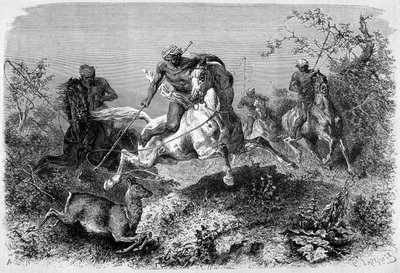 رسم توضيحي نُشر في طبعة "Le Tour du monde" من عام 1870 إلى 1871 يصور صيدًا للدياك في جزيرة بورنيو. نقش. بواسطة المدرسة الفرنسية