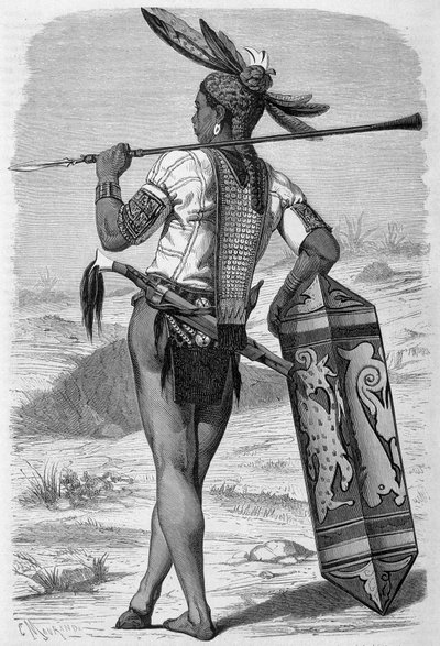 رسم إيضاحي نُشر في طبعة "Le Tour du monde" من 1870 إلى 1871 يصور داياك (أصلي) في جزيرة بورنيو. نقش. بواسطة المدرسة الفرنسية
