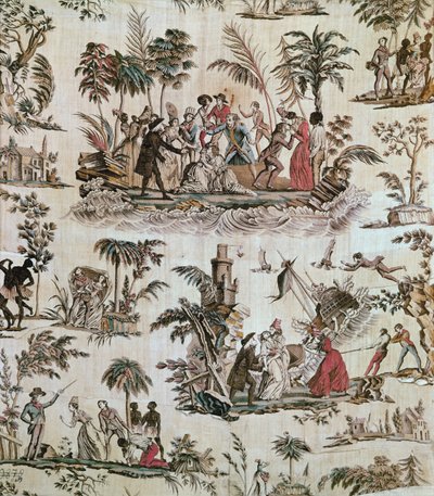الرسوم التوضيحية للحوادث من رواية Paul et Virginie ، Toile de Nantes ، c.1800 (قطن مطبوع) بواسطة المدرسة الفرنسية