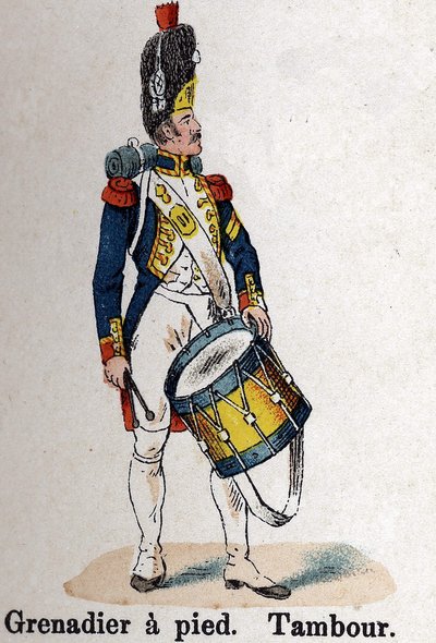 الحرس الإمبراطوري نابليون الأول: غرينادير سيرًا على الأقدام - طبل. لوحة من كتاب Les Uniforms de l'Armee francaise بقلم لينهارت وهومبرت بواسطة المدرسة الفرنسية