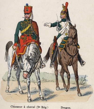 الحرس الإمبراطوري نابليون الأول: صياد ظهور الخيل (الفوج الثاني) والتنين. لوحة من كتاب Les Uniforms de l'Armee francaise بقلم لينهارت وهومبرت بواسطة المدرسة الفرنسية