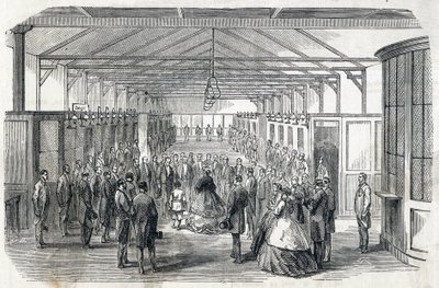 زيارة الإمبراطورة أوجيني والأمير الإمبراطوري إلى بنك فرنسا ، 23 يونيو 1866 - - نقش في Le MONDE Illustrous DU 07/07/1866 بواسطة المدرسة الفرنسية