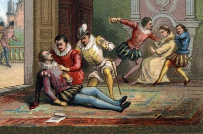 في عام 1589 ، قتل الراهب جاك كليمنت الملك هنري الثالث بطعنة بعد أن جعله يقرأ رسالة. مات الملك بين ذراعي هنري نافار. الطباعة الحجرية الملونة حوالي عام 1890. بواسطة المدرسة الفرنسية