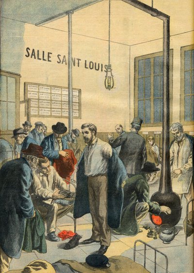 في مأوى للمشردين. لجوء ليلي في باريس - رسم توضيحي لمجلة Le Petit Journal بواسطة المدرسة الفرنسية