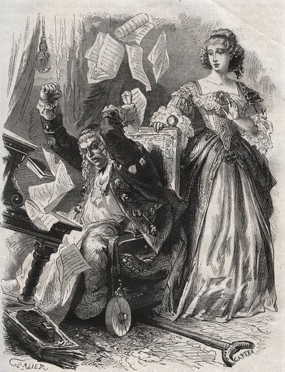 في فريسة الغضب المجنون ، جعل الريش والكتب والأوراق تطير: غضب الشاعر بول سكارون (1610-1660) أمام زوجته فرانسواز ديوبيني (ثم ماركيز (مدام) de مينتينون) بواسطة المدرسة الفرنسية