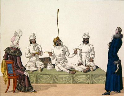 المشعوذون الهنود يؤدون عملية موازنة ، اللوحة 87 من 'le Bon Genre' ، حوالي 1810 (نقش ملون) بواسطة المدرسة الفرنسية
