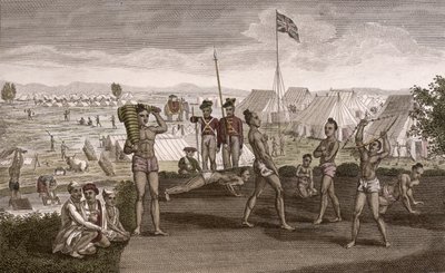 محاربين هنود يمارسون التمرين بهدف معسكر المقيمين الإنجليز ، c.1810 بواسطة المدرسة الفرنسية
