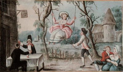 لوحة نزل مرسومة لحانة تصور لم شمل الطلبات الثلاثة ، حوالي عام 1789 (زيت على خشب) بواسطة المدرسة الفرنسية