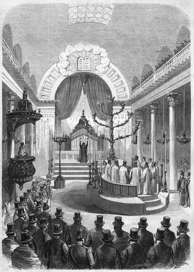 نصب كبير الحاخامات للتجنيد الإجباري لبوردو ، في كنيس المدينة عام 1864. نقش من رسم السيد دوفيت. بواسطة المدرسة الفرنسية
