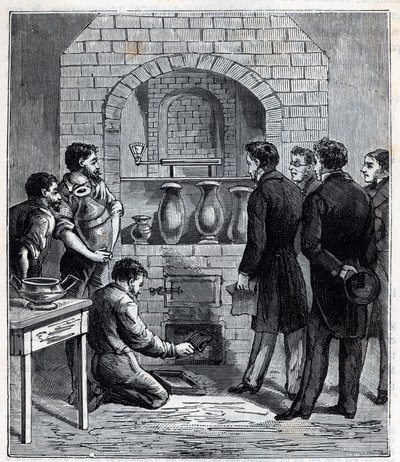 تركيب البيرومتر من قبل ألكساندر برونجنيارت (1770-1847) عالم فرنسي في صناعة سيفر - نقش في "العلوم على سبيل المثال لا الحصر - الفيزياء والكائنات الشعبية" للكسيس كليرك - نهاية القرن التاسع عشر. مجموعة خاصة. بواسطة المدرسة الفرنسية
