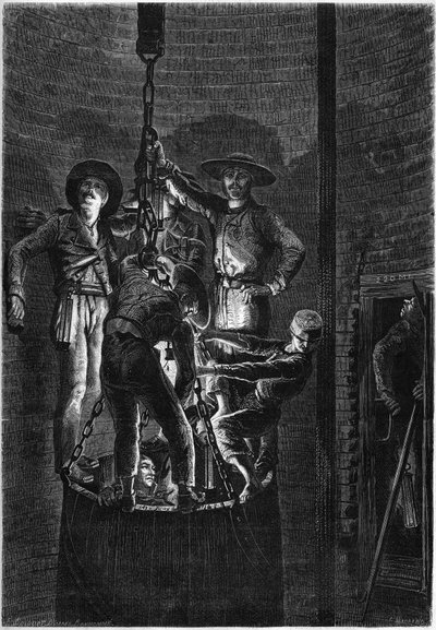المظهر الداخلي لبئر منجم فحم: صعود القمامة. 1861. نقش في "" Le Monde Illustré "" رقم 238 بتاريخ 2 نوفمبر بواسطة المدرسة الفرنسية