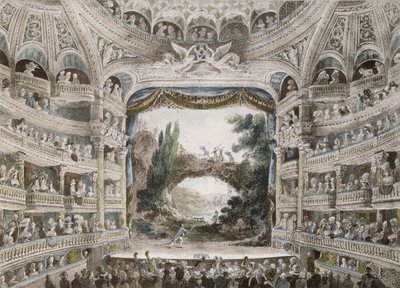 داخل مسرح الكوميديا الفرنسية عام 1791 ، بعد ألوان مائية أصلية بواسطة المدرسة الفرنسية