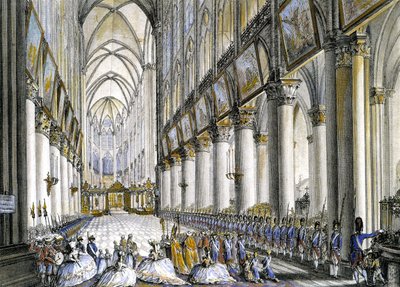 منظر داخلي لنوتردام دي باريس ، عند وصول ماري أنطوانيت (1755-1793) ، ملكة فرنسا ، لحضور القداس الشهير لميلاد ابنها لويس السابع عشر (1785-1795). نقش القرن الثامن عشر. بواسطة المدرسة الفرنسية