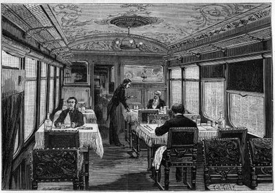 منظر داخلي لغرفة الطعام في L'Orient-Express (Orient Express) عام 1884. بواسطة المدرسة الفرنسية