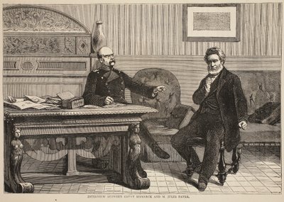 مقابلة بين الكونت بسمارك وم. جول فافر ، سبتمبر 1870 ، رسم توضيحي من كاسيلس تاريخ الحرب بين فرنسا وألمانيا ، 1870-1871 بواسطة المدرسة الفرنسية