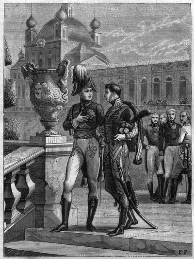 مقابلة مع ألكسندر الأول ملك روسيا (1777-1825) وميشيل دوروك (1772-1813) في سانت بطرسبرغ في أبريل 1801 - نقش عام 1865 في "تاريخ القنصلية وإمبراطورية" بقلم لويس أدولف تيير - محادثة بين الإمبراطور ألكسندر الأول روسيا (1777- بواسطة المدرسة الفرنسية