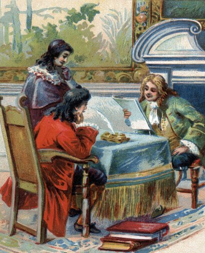 مقابلة مع جوتفريد فيلهلم ليبنيز (1646-1716) ، الفيلسوف الألماني مع جاك بينيني (جاك بينيني) بوسيه (1627-1704) ، عالم اللاهوت والكاتب الفرنسي. الطباعة الحجرية الملونة. بواسطة المدرسة الفرنسية