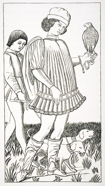 نبلمان إيطالي يحمل صقرًا ، بعد بطاقة لعب محفورة على النحاس ، c.1460 ، من "Le Moyen Age et La Renaissance" بقلم بول لاكروا (1806-1884) نشر عام 1847 بواسطة المدرسة الفرنسية