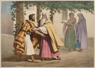 يعقوب مع لابان وبناته ، رسم توضيحي من التعليم المسيحي Listoire Sainte ، نشره Charles Delagrave ، باريس ، أواخر القرن التاسع عشر بواسطة المدرسة الفرنسية